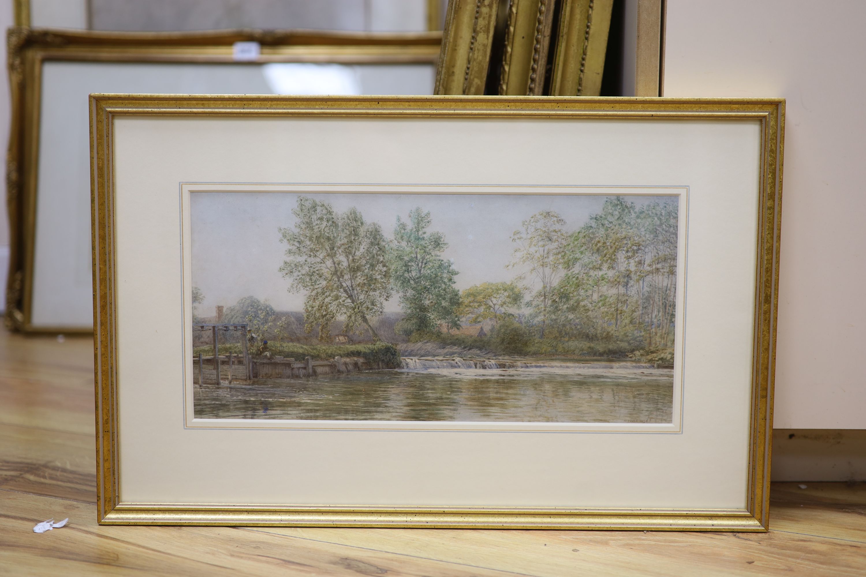Walter Field, A.R.W.S., (1837-1901), watercolour, 'Old weir, Cleve', signed and dated 1870, 18 x 38cm